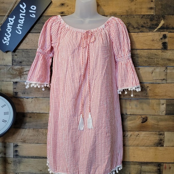 SALE-GB brand women's red and white candy stripped off shoulder dress size small - Picture 3 of 10